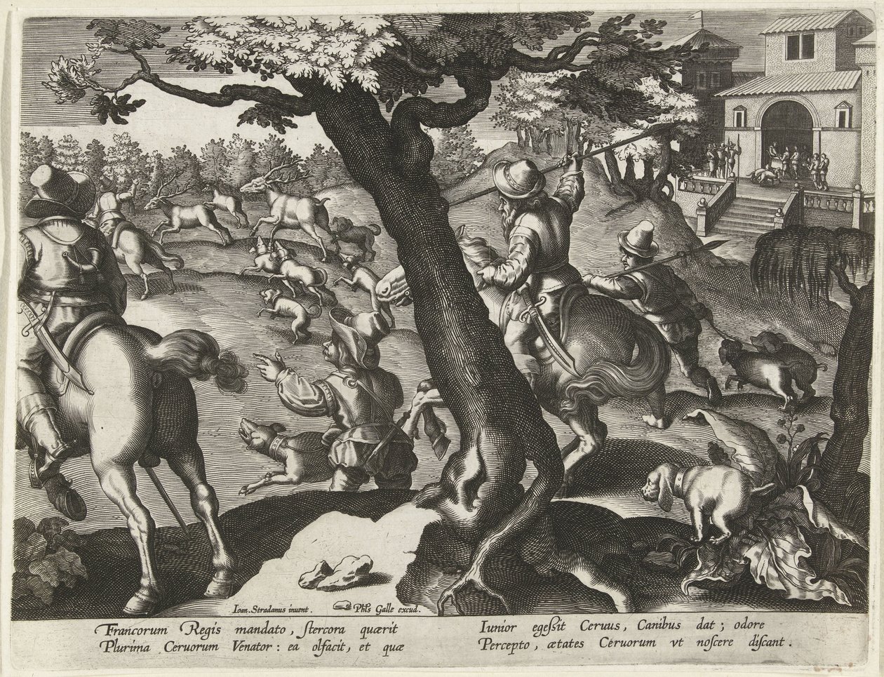 Hertenjacht honden ile bir araya geldi Jachttaferelen (dizi adı) Vahşi hayvanların, kuşların, vahşi hayvanların balıklarının avı (dizi adı) by Jan Collaert (II) (attributed to)