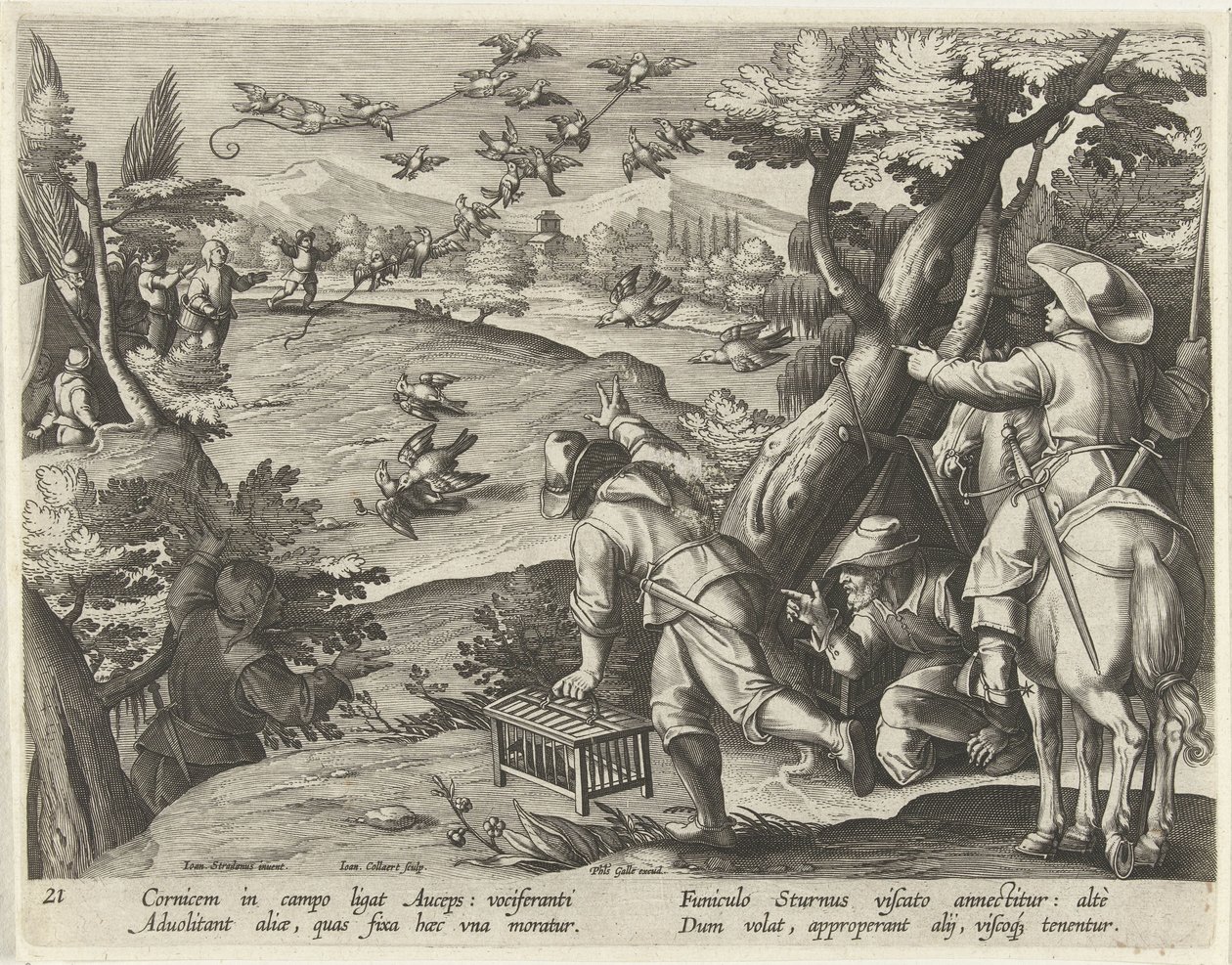 Jacht op kraaien en spreeuwen Jachttaferelen (dizi adı) Vahşi hayvanların, kuşların, vahşi hayvanların balıklarının avı (dizi adı) by Jan Collaert (II)