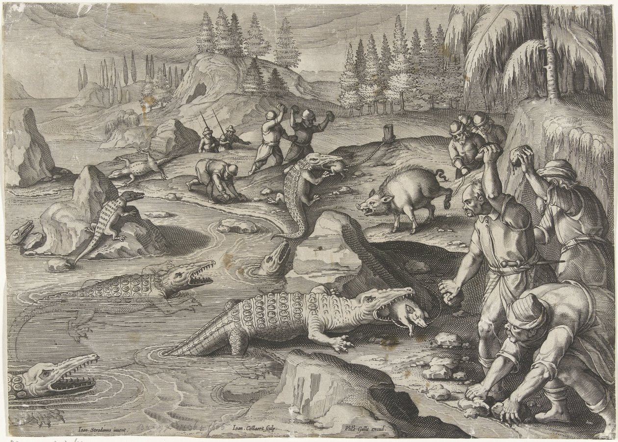 Krokodillenvangst Jachttaferelen (dizi adı) Vahşi hayvanların, kuşların, vahşi hayvanların balıklarının avı (dizi adı) by Jan Collaert (II)