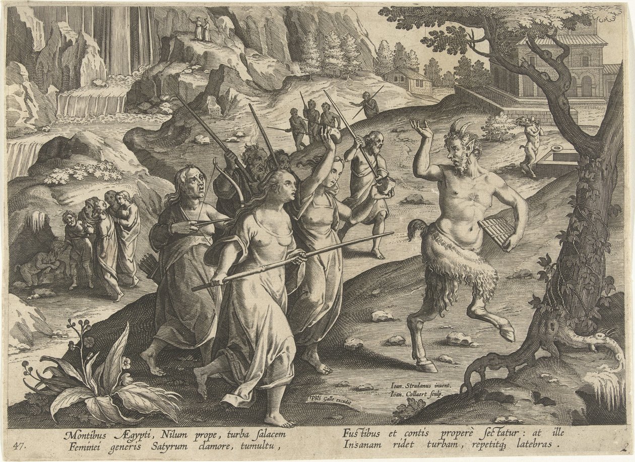 Vrouwen verjagen een sater Jachttaferelen (dizi adı) Vahşi hayvanların, kuşların, vahşi hayvanların balıklarının avı (dizi adı) by Jan Collaert (II)