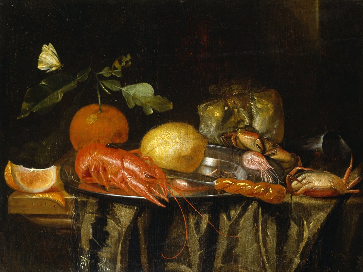 Drapeli Masada Kalaylı Tabakta Kerevit, Karides ve Limon (tuval üzerine yağlı boya) by Jan Davidsz de (after) Heem