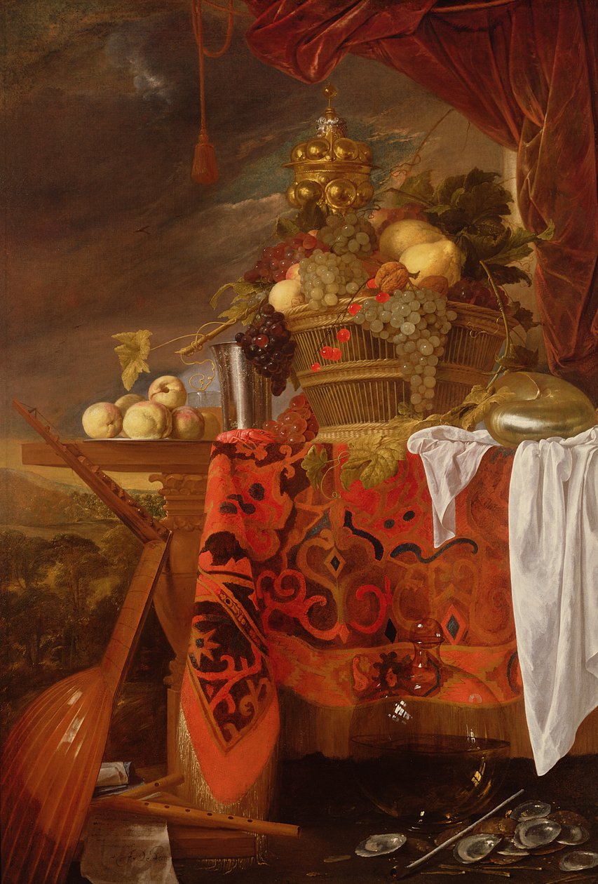 Bir Tabakta Yaldızlı Bardak, Gümüş Kadeh, Nautilus, Bardak ve Şeftali ile Karışık Meyve Sepeti by Jan Davidsz de Heem