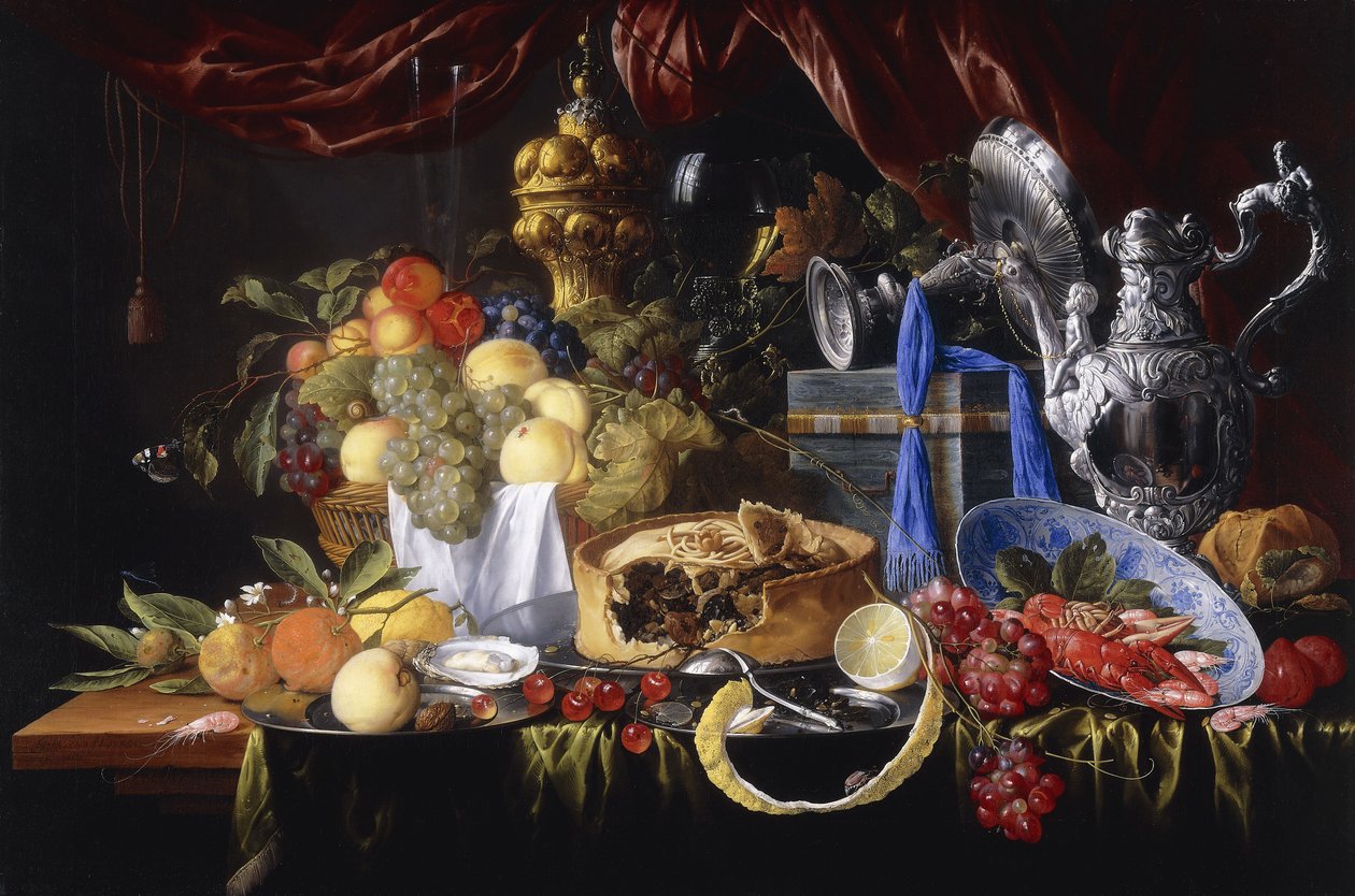 Kalaylı Tabakta Turta, Kısmen soyulmuş Limon, Kalaylı Tabakta Gümüş Kaşık, Wanli Kraak Porselen Kasede Kerevit ve Karides, 1649 by Jan Davidsz de Heem
