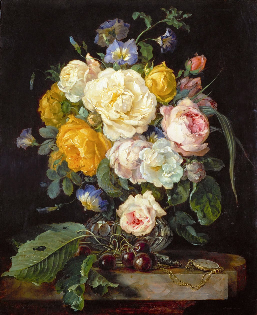 Barok: Şakayık, kiraz ve cep saati ile natürmort - Şakayık, kiraz ve cep saati ile natürmort, Heem, Jan Davidsz. (1606-1684) by Jan Davidsz de Heem