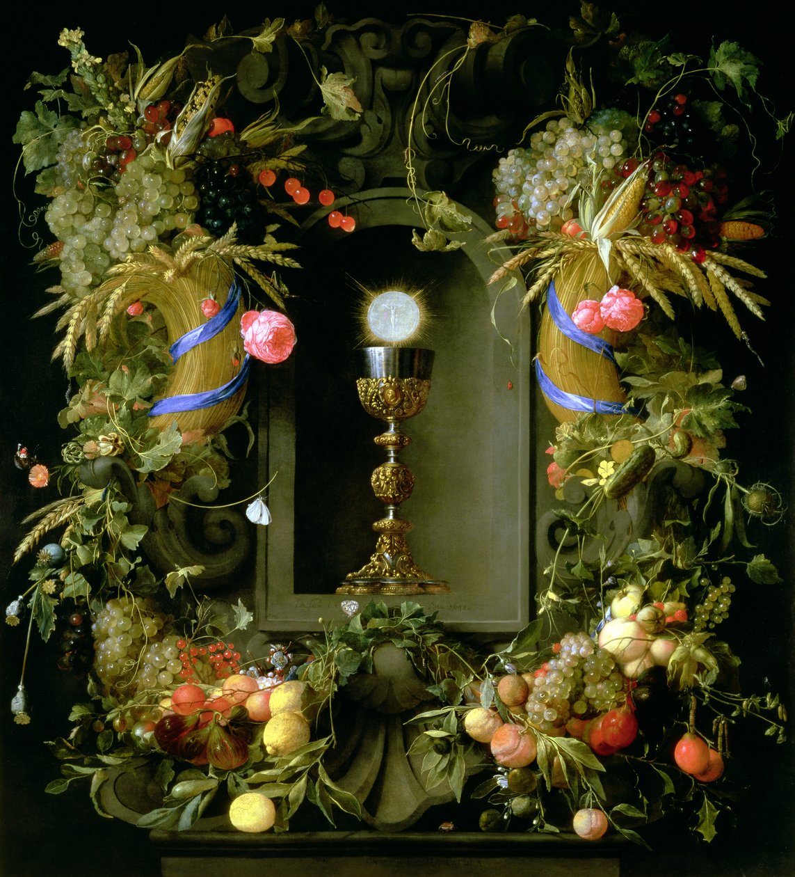 Bir meyve çelengi ile çevrili komünyon kupası ve ev sahibi by Jan Davidsz de Heem