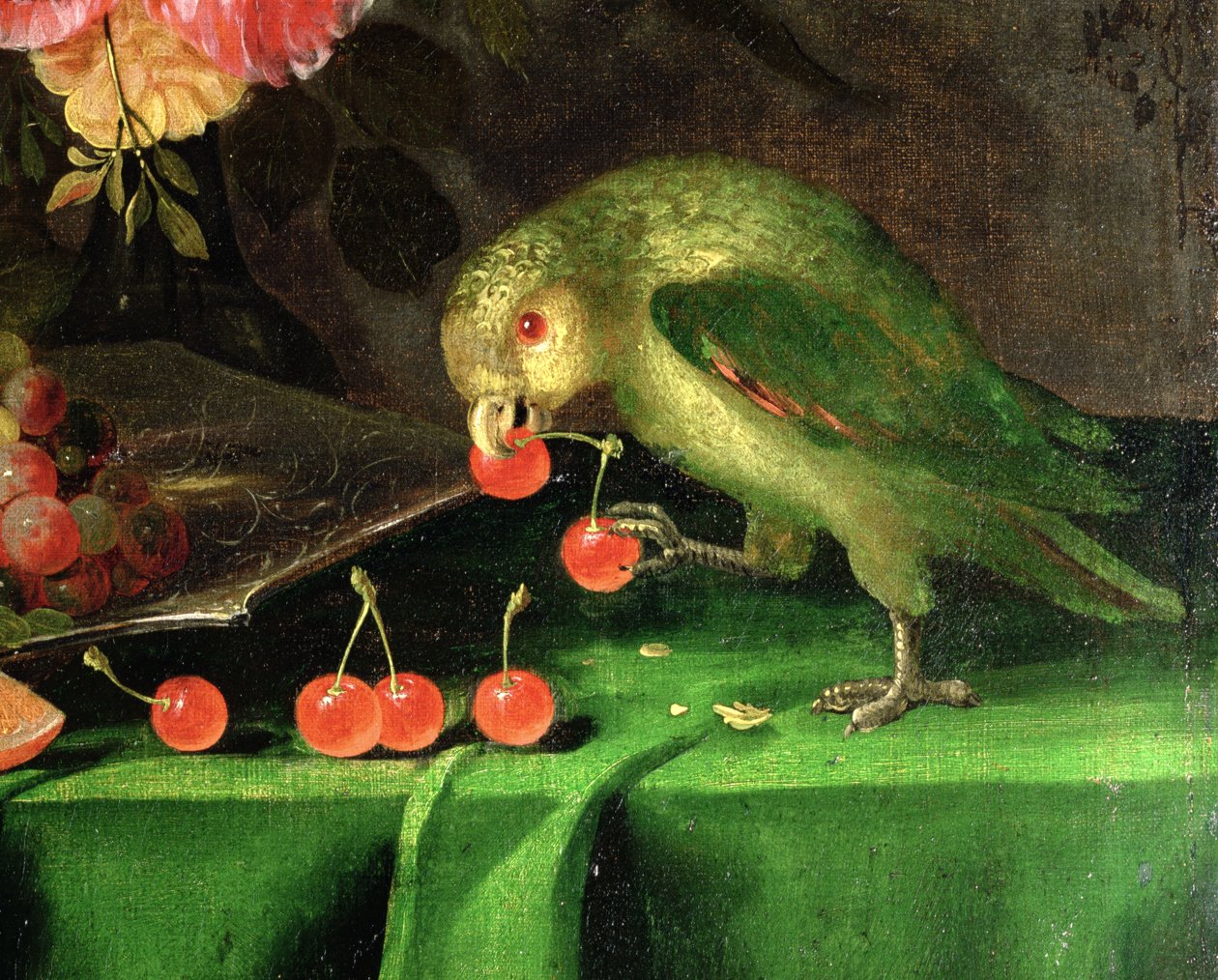 Meyve ve Çiçeklerin Natürmort, 100411 tuval detayında bir Papağan yağı detayı by Jan Davidsz de Heem