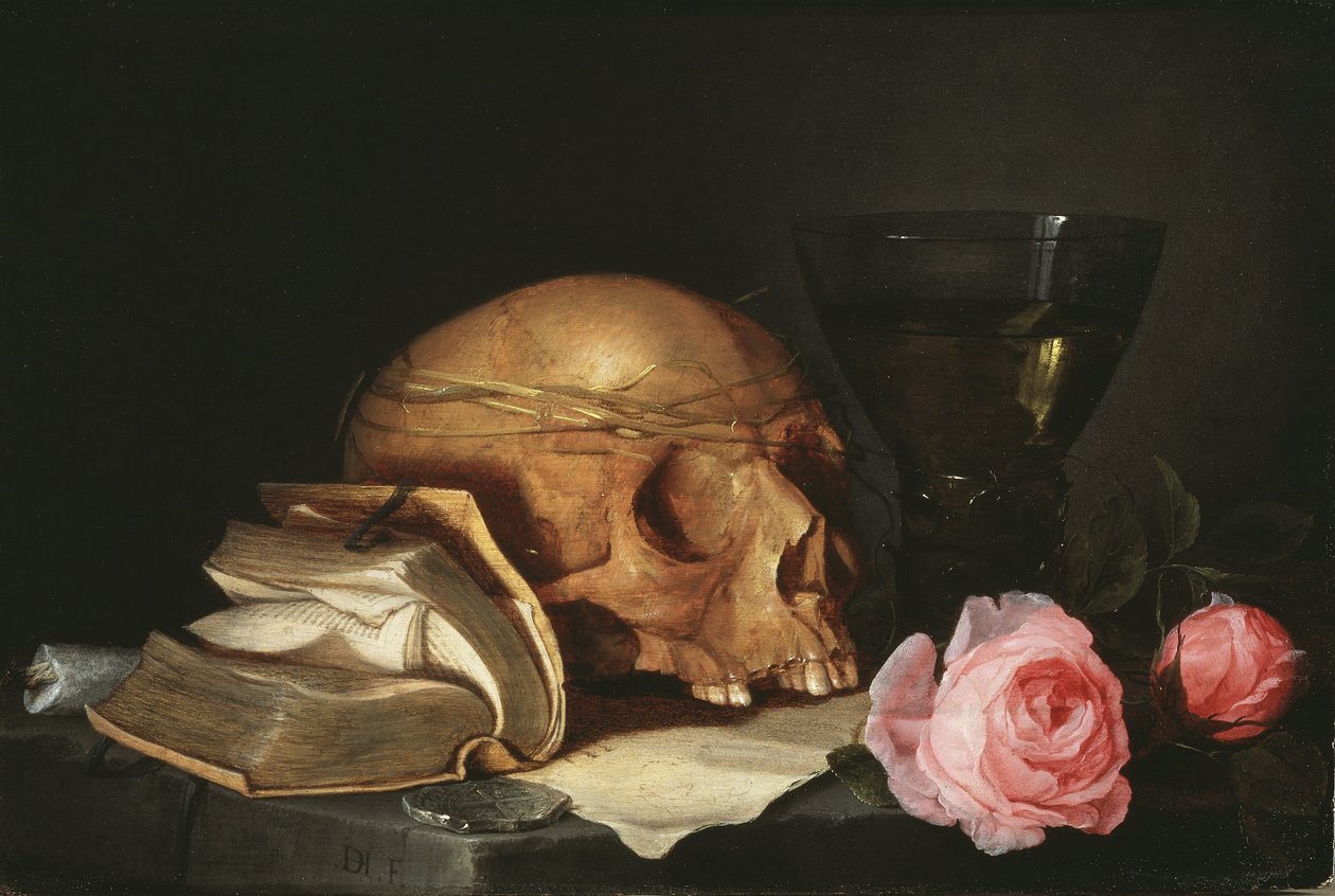 Vanitas Natürmort Kafatası, Kitap ve Güller - Vanitas Kafatası, Kitap ve Güller ile Natürmort, Heem, Jan Davidsz. ile ilgili by Jan Davidsz de Heem