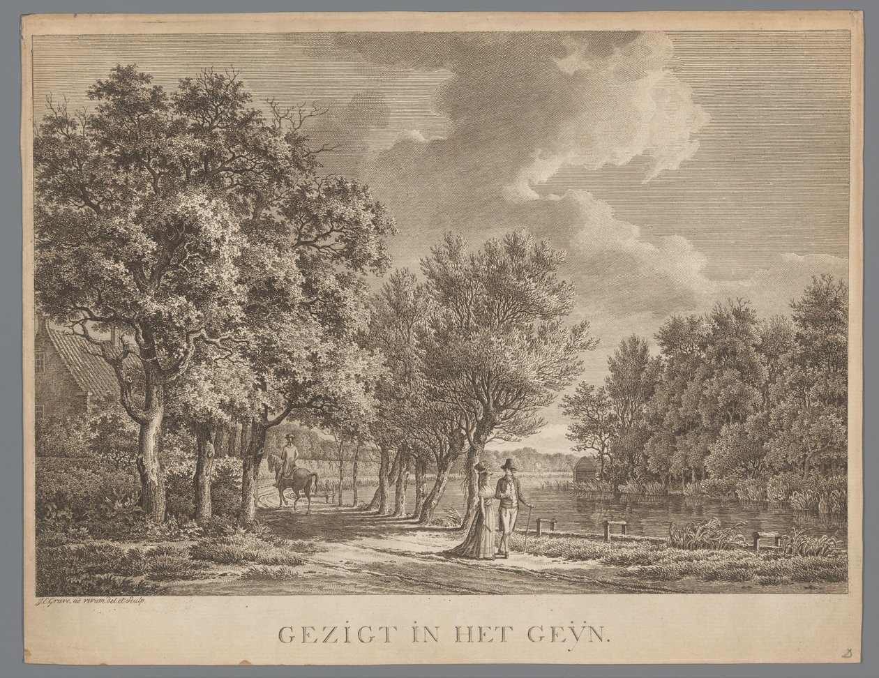 Geÿn'deki Gein Gezigt kıyısında yürüyen bir çiftle manzara (nesne üzerindeki başlık) by Jan Evert Grave