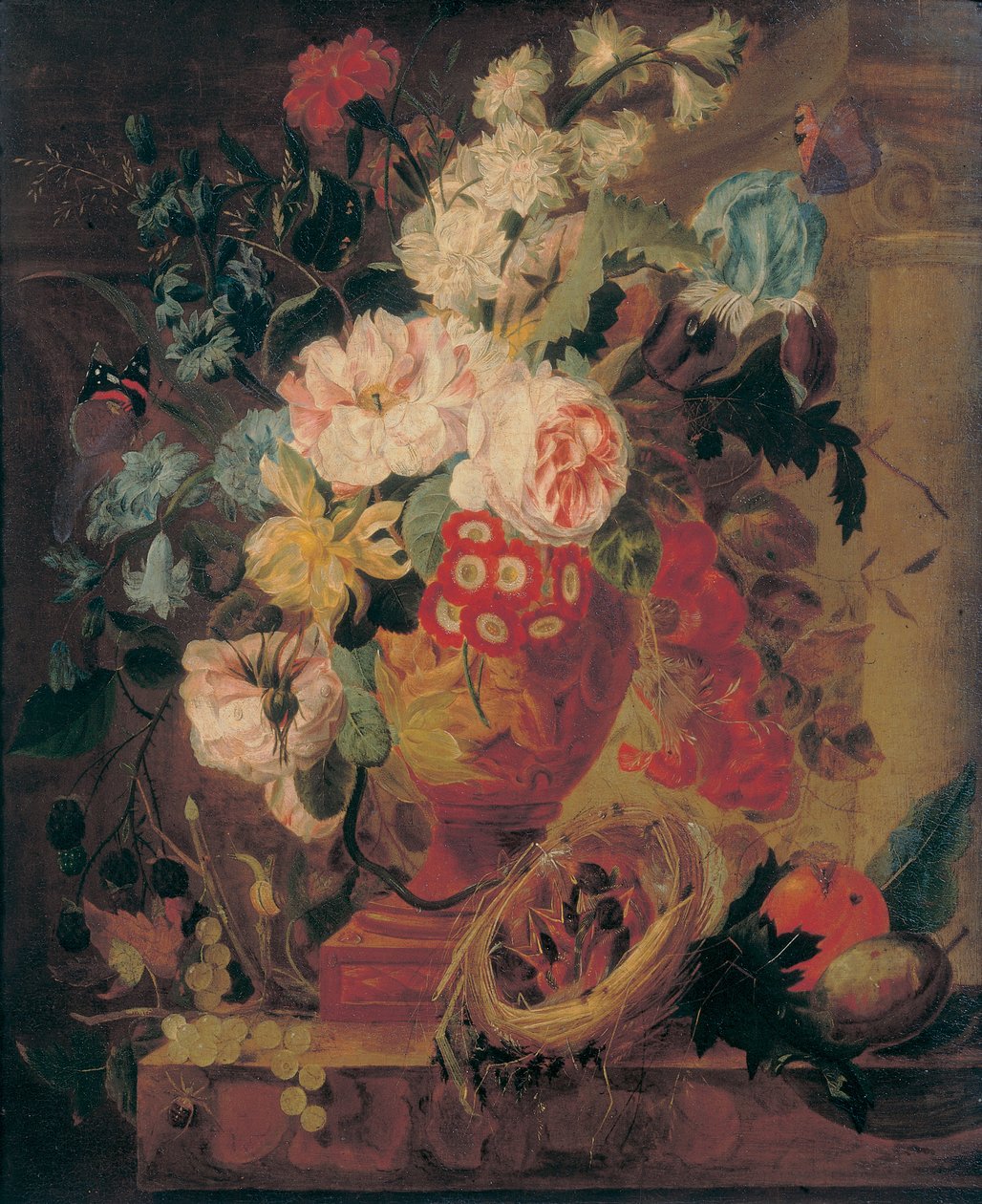 Meyveler, kelebekler, yaban mersini, salyangoz, örümcek ve bir çıkıntıdaki yuvada dört civciv ile putti ile süslenmiş pişmiş toprak vazoda çiçekler by Jan Frans Eliaerts