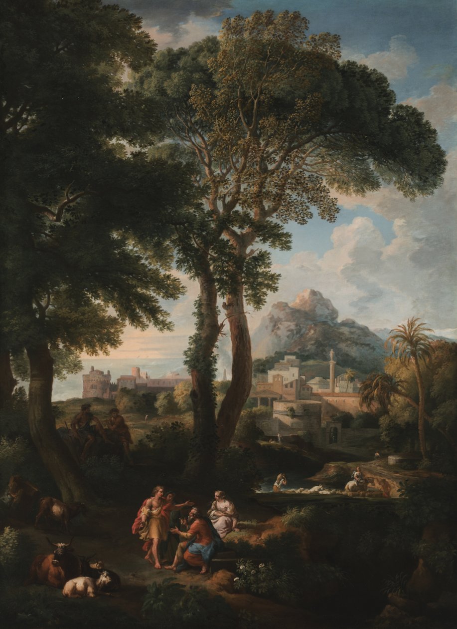 Ön planda bir yolda birbirini selamlayan figürlerin olduğu klasik bir nehir manzarası, uzaktan bir şehir manzarası (tuval üzerine yağlı boya) by Jan Frans van Bloemen