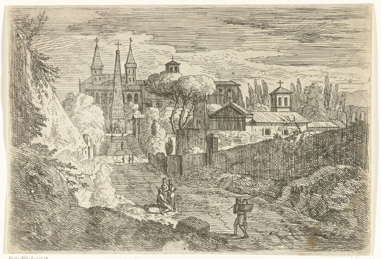 Şehir Surlarında Gezginlerle İtalyan Manzarası by Jan Frans van Bloemen