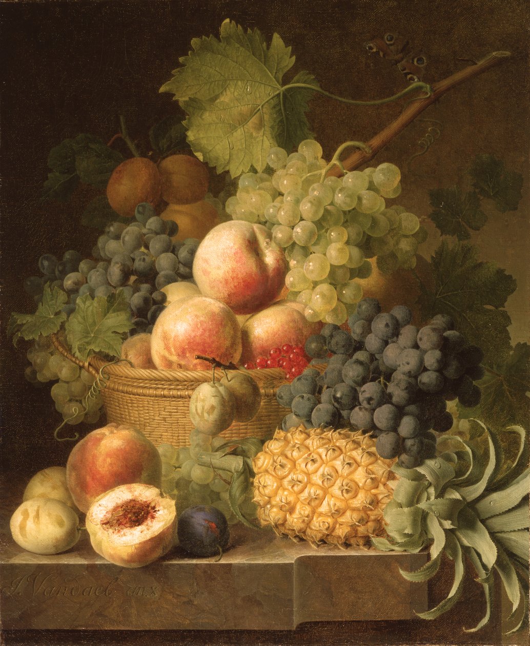 Sepet İçinde Elma, Üzüm, Kayısı ve Çilek ile Mermer Çıkıntı Üzerinde Ananas, Üzüm ve Diğer Meyveler by Jan Frans van Dael