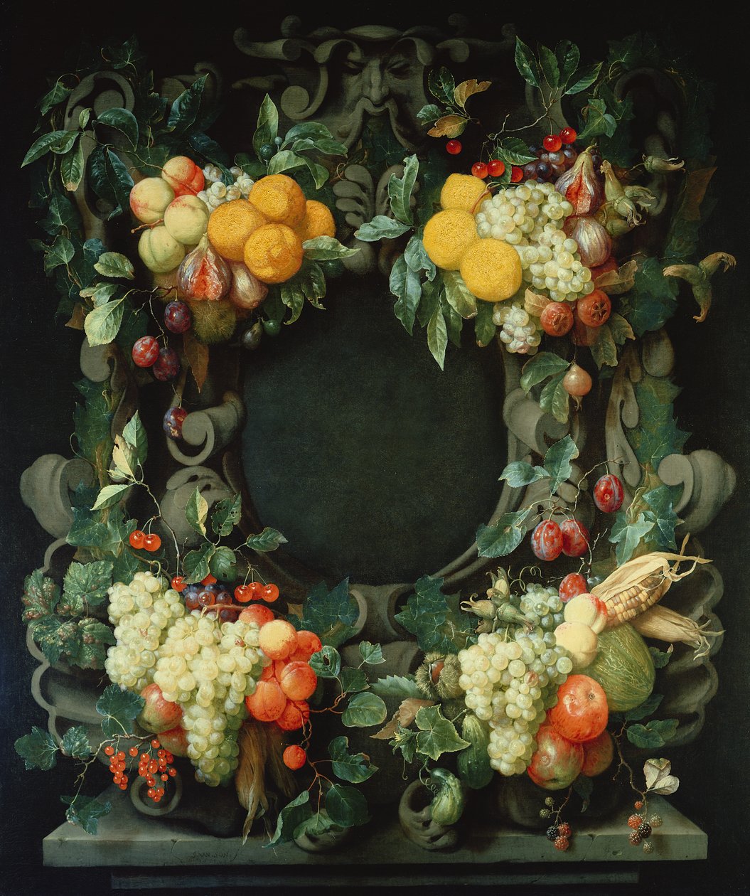 Boş bir nişin etrafındaki meyve çelengi by Jan Frans van Son