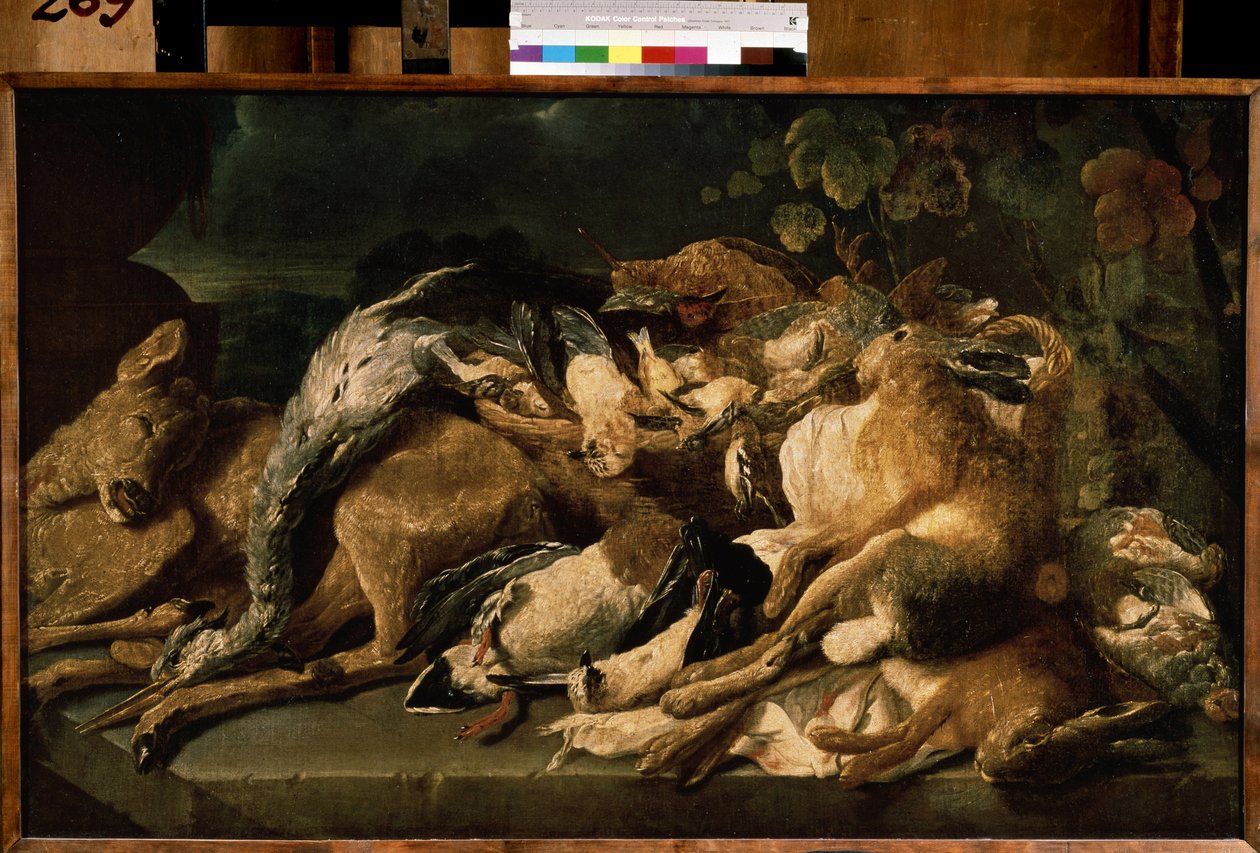 ""Oyunlu natürmort"" (Natürmort) Tavşan, geyik, ördekler. Jan (Johannes) Fyt (1611-1661) tarafından yapılan resim 1640 Puşkin Müzesi, Moskova by Jan Fyt
