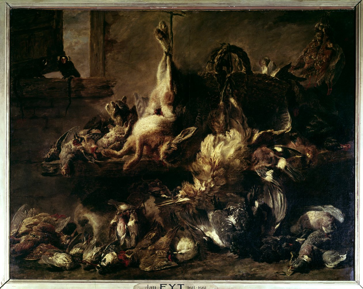 Bir kedi ve iki maymunla yemek yiyen bir bekçide oyunun yayılması Resim Jan Fyt (1611-1661) (ec.flam.) 17. yüzyıl Güneşi. 0,86 X 1,76 m Paris, Louvre Müzesi by Jan Fyt