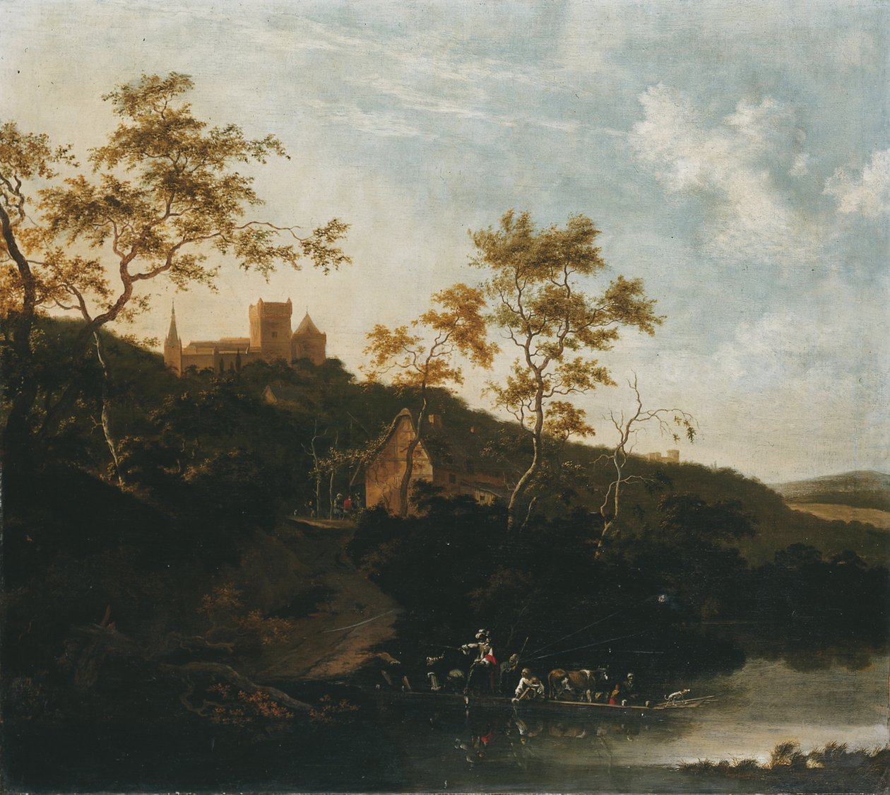 Atlı Bir Beyefendinin ve Feribotta Köylülerin Olduğu Bir Nehir Manzarası, ötesinde bir kalenin altında bir taverna by Jan Gabrielsz. Sonje