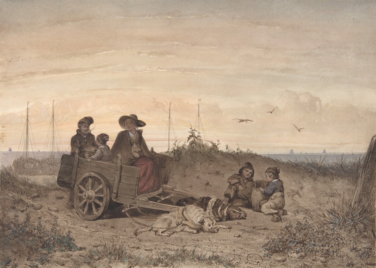 Sahilde Bir Balıkçı Ailesi, Anne ve Bir Arabada Oturan Çocuklardan Biri, 1855. by Jan Gerard Smits