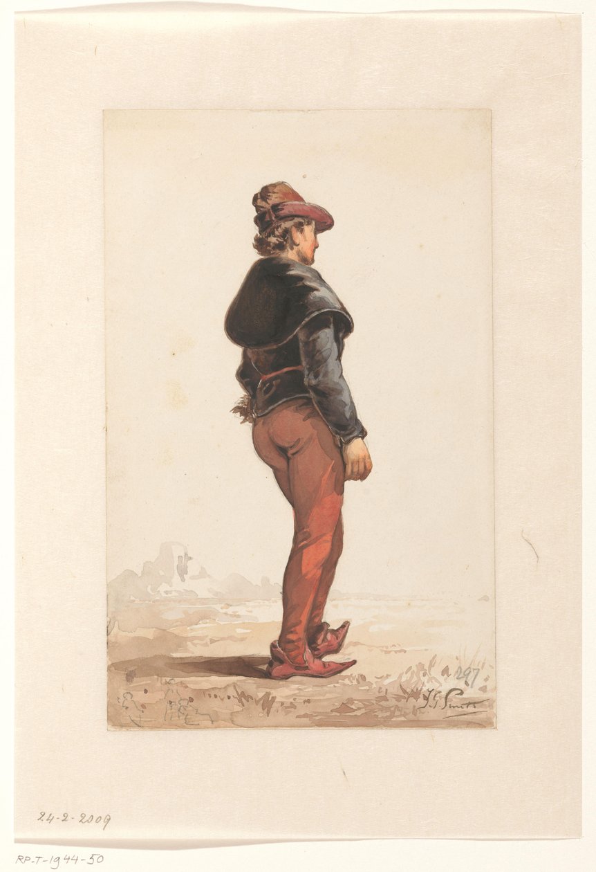 Burgonya kostümlü ayakta mızrakçı, arkadan by Jan Gerard Smits