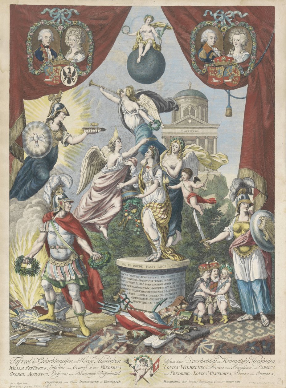 V. Willem'in oğlu ve kızının evlilikleri hakkında ifade, 1790-1791 Tafreel ter Gedachtenissen der Hooge Huwelyken (...) Willem Frederick, Orange & Kalıtsal Prensi, Frederica Louisa Wilhelmina, Princes van Pruyssen & ve Carolus George ile ağusto by Jan Gerritsz. Visser