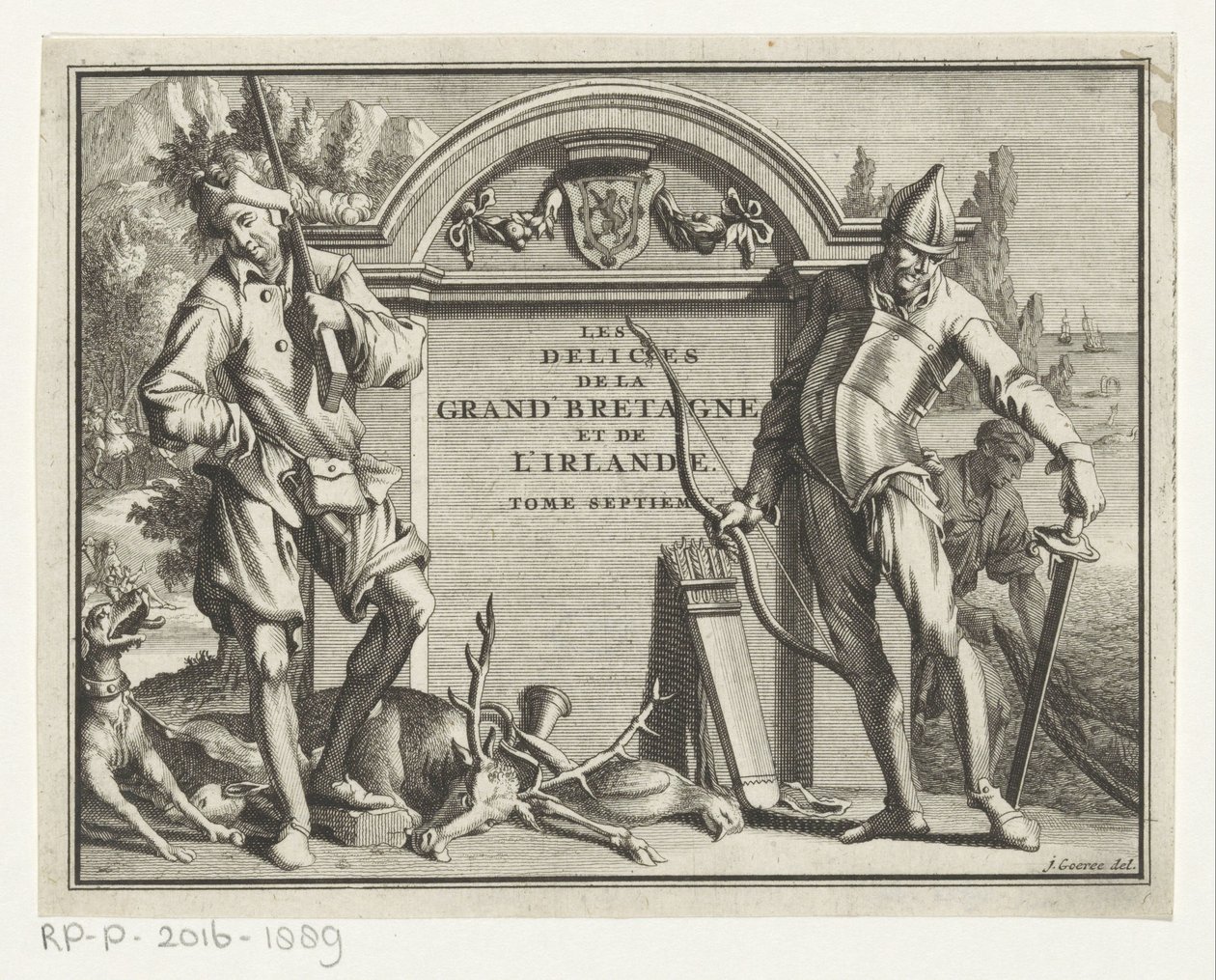 Mimari ayar için twee jagers Başlık sayfası: James Beeverell, The Delights of Great Britain and Ireland, Cilt Yedi, 1707 by Jan Goeree (possibly)