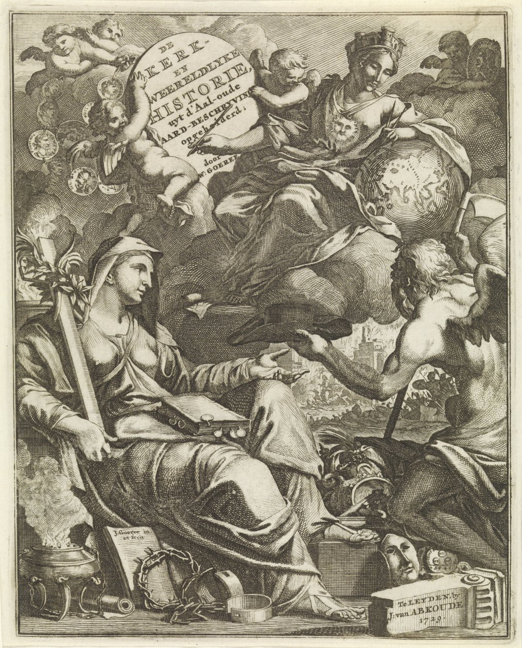 Kilise ve Dünya Tarihi Alegorisi Willem Goeree için başlık sayfası, De kerklyke en Weereldlyke historien. 1729 Kilise ve dünya tarihi uyt d