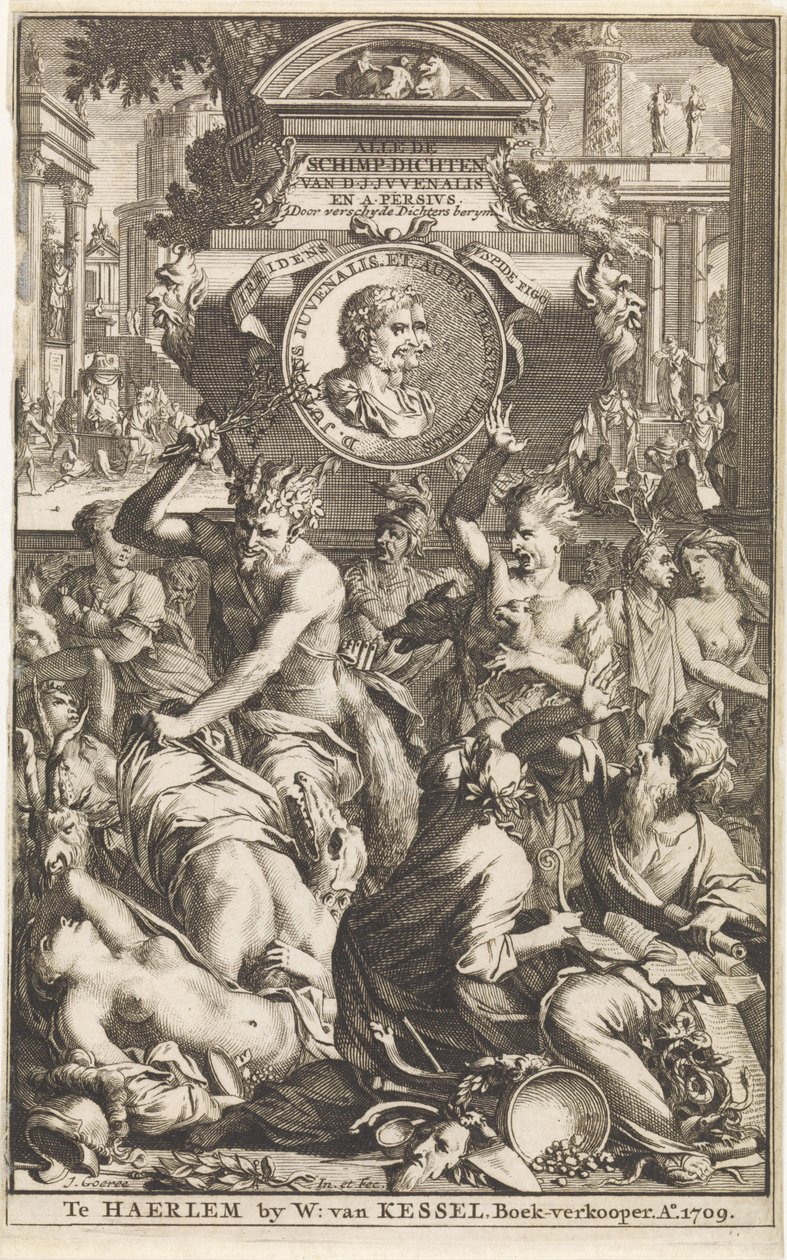 Romenler bacchanalian Başlık sayfası voor Decius Junius Juvenalis Aulus Persius Flaccus, Alle de schimpdichten, 1709 Alle de schimpdichten D.J.Jvvenalis en A. Persivs kapı verschyde dichters berymt (nesne üzerindeki başlık) by Jan Goeree