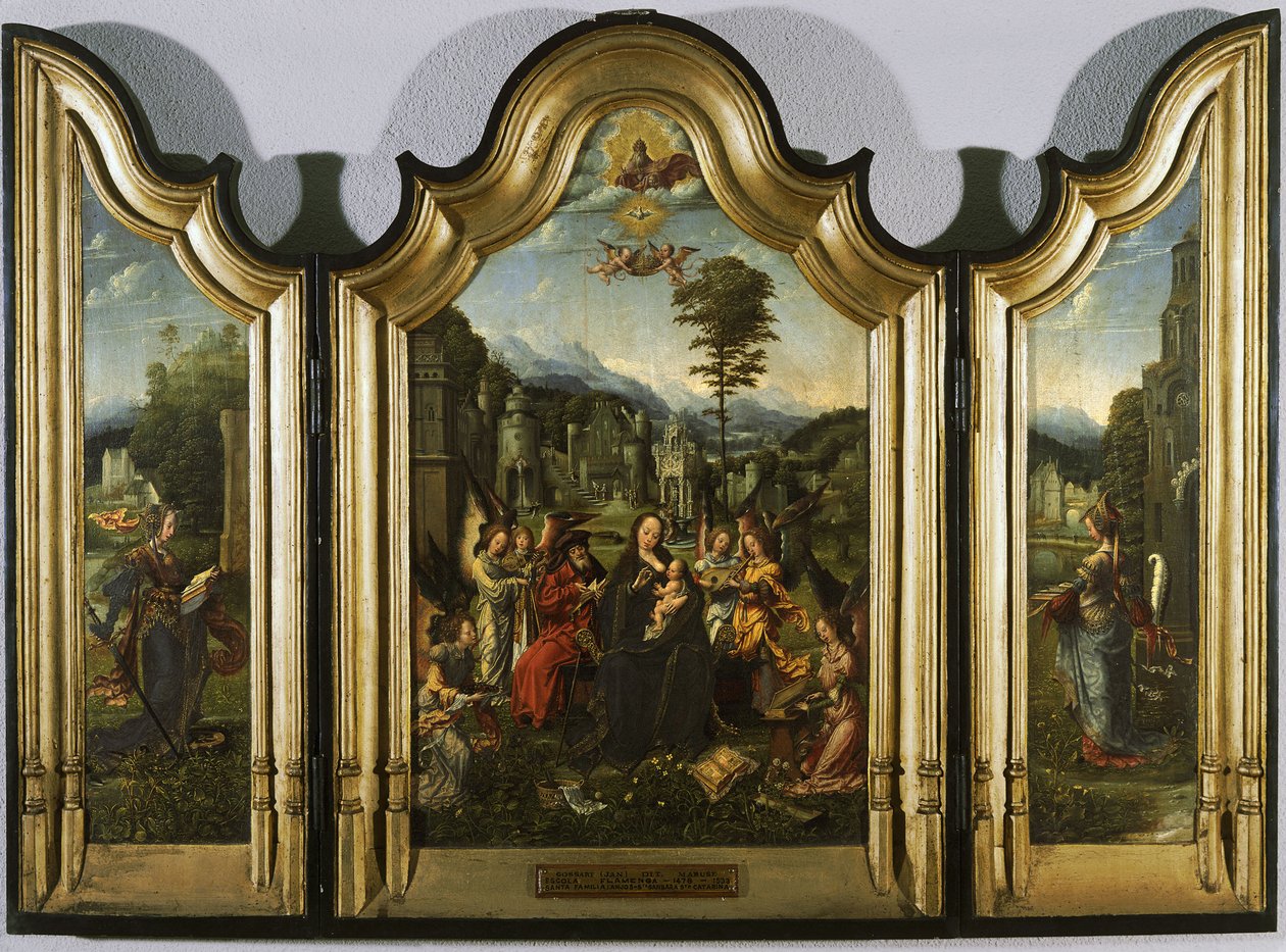 Aziz Catherine ve Aziz Barbara Triptik ile Kutsal Aile, c. 1505 by Jan Gossaert