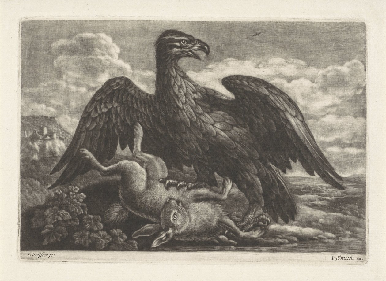 Bir kartal tavşan üzerinde duruyor by Jan Griffier (I) (attributed to workshop of)