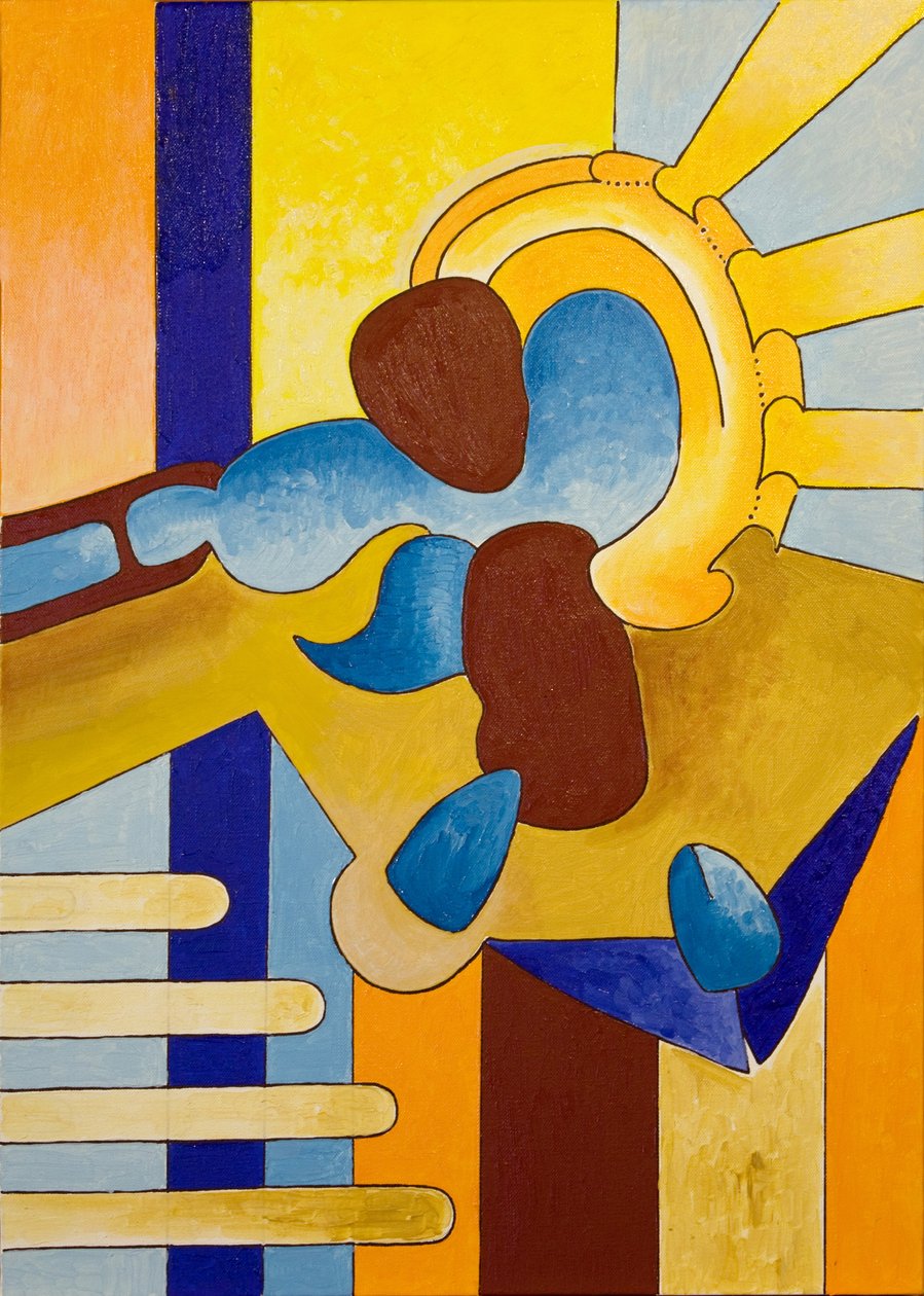 Evin Ruhu, parlak güneş ışığında, yapım aşamasında olan yeni Evi inceliyor, 2007 (tahta üzerine yağlı boya) by Jan Groneberg