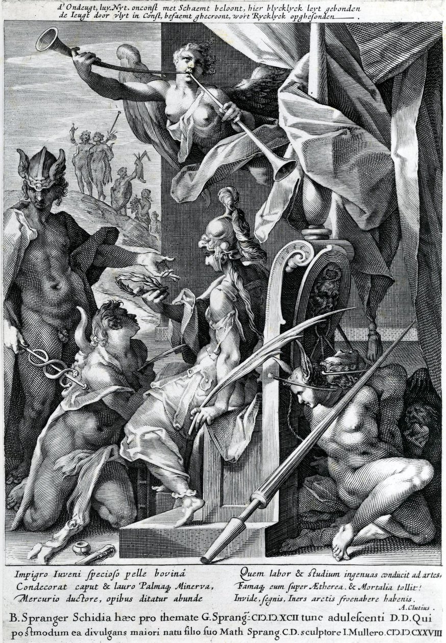 Merkür ve Minerva bir kahramanı boğa postu ve defne çelengi ile donatıyor, 1604 by Jan Harmensz Muller
