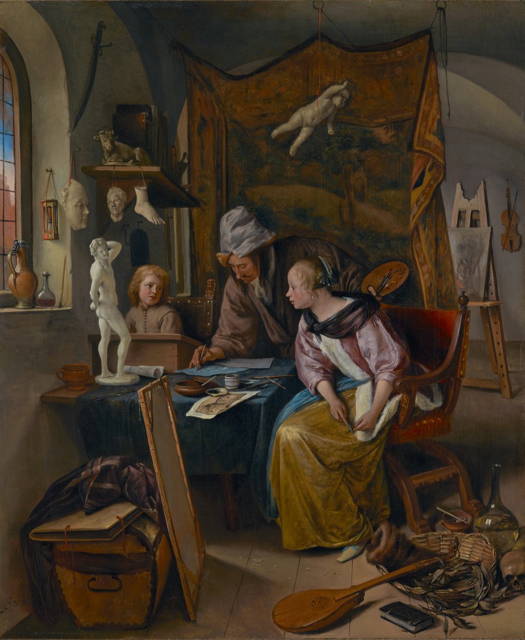 Çizim Dersi, c.1665 (panel üzerine yağlıboya) by Jan Havicksz. Steen