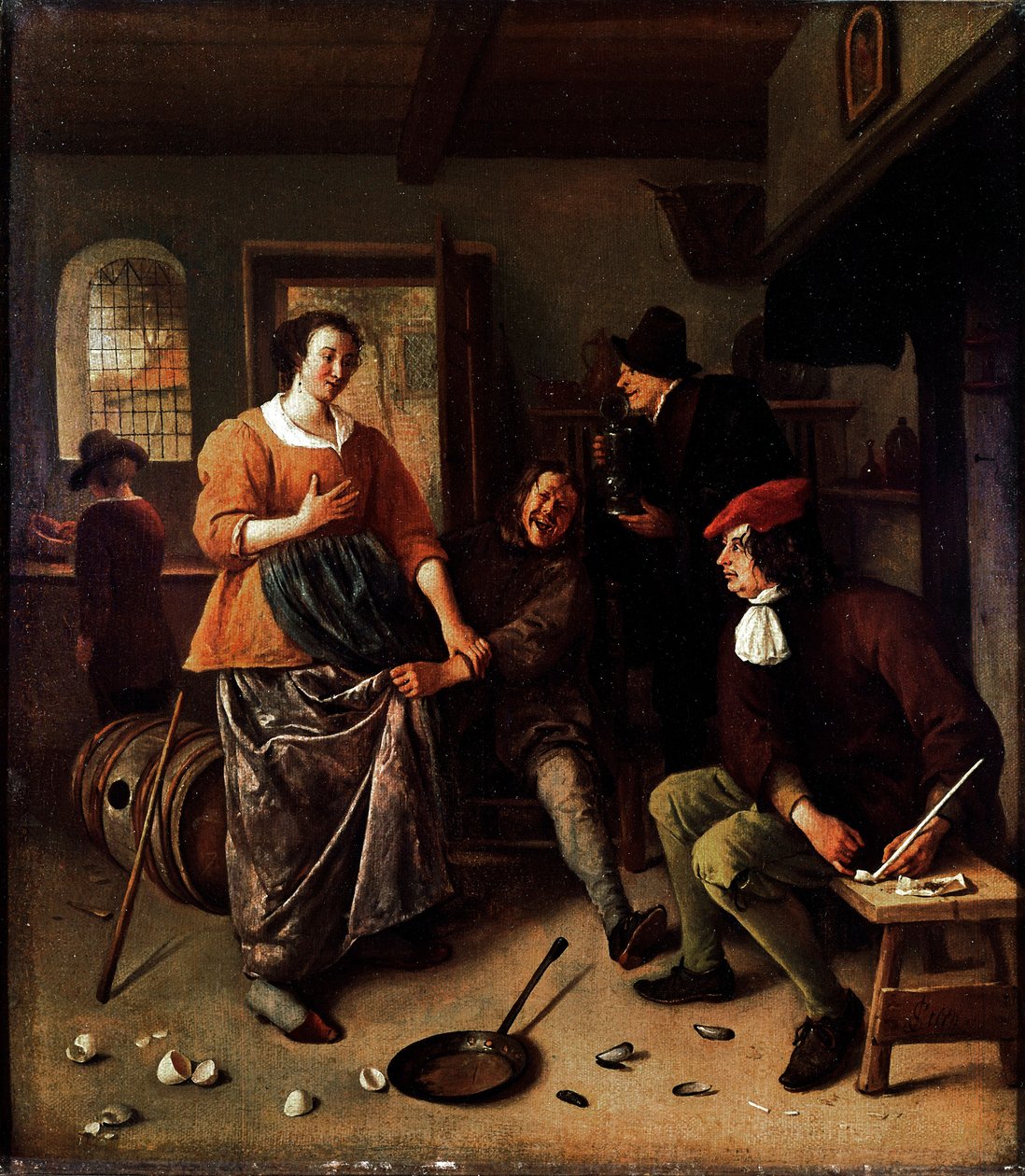 Kırık yumurtalar (bir han içinde). Hollanda mutfağında neşeli karakter grubu. Kadının eteğini kaldıran adam, ressamın kendi portresidir. Jan Havickszoon Steen (1625/6-1679) 1665-1670 Sun tarafından tablo. 43x38 cm Londra, Ulusal Galeri - The Inte by Jan Havicksz. Steen