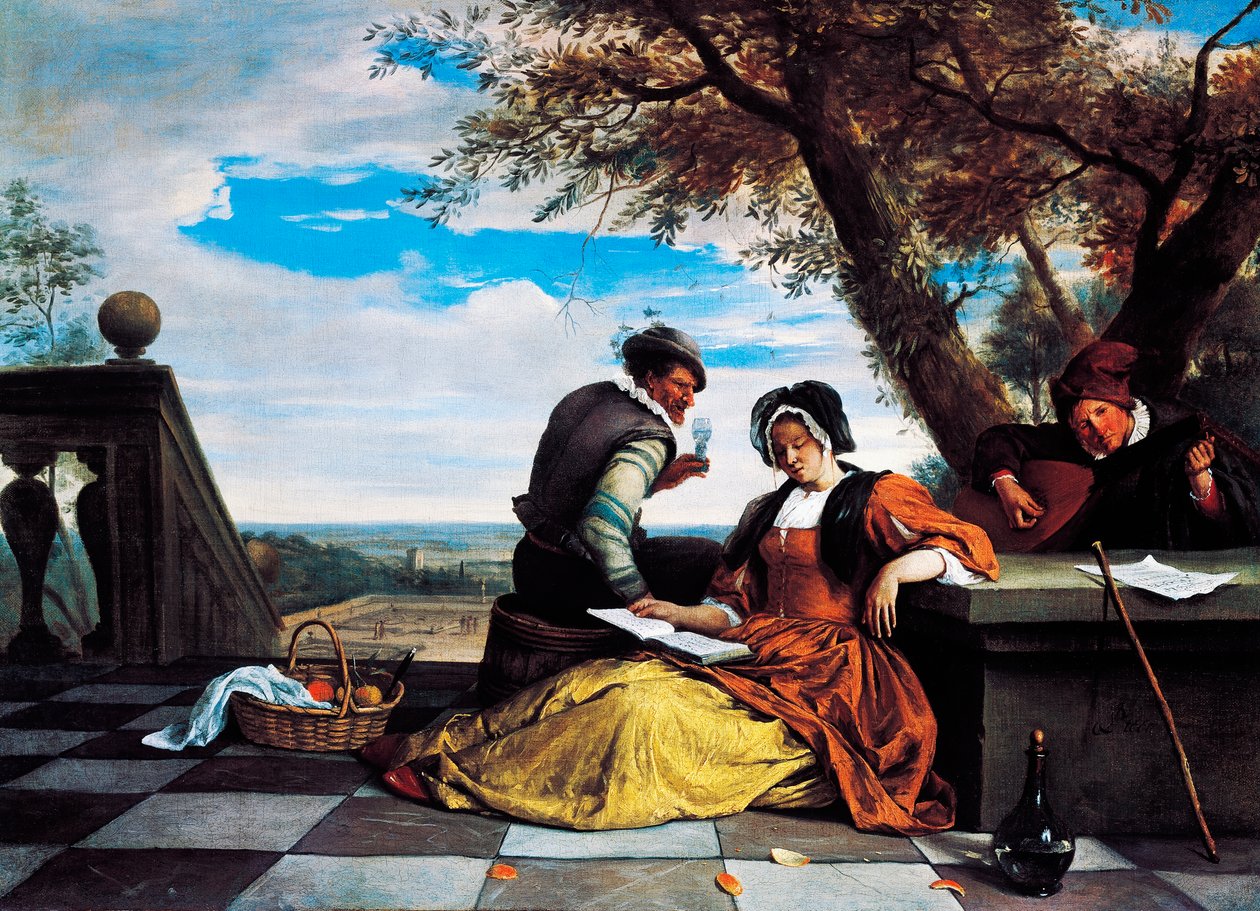 Terasta müzik yapan iki erkek ve genç kadın by Jan Havicksz. Steen