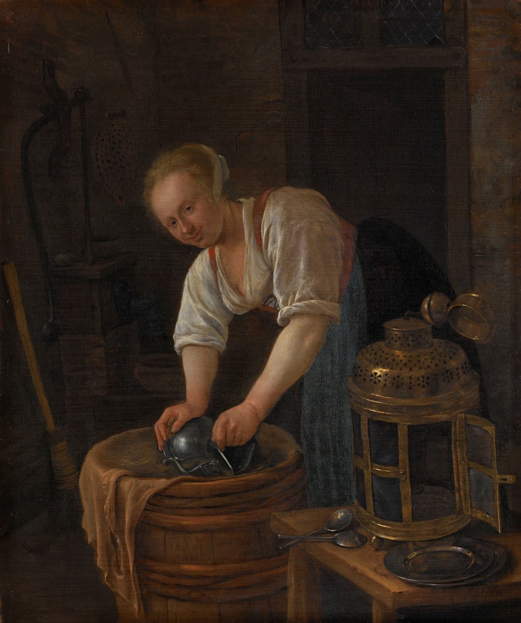 Kadın ovma metal eşya by Jan Havicksz. Steen