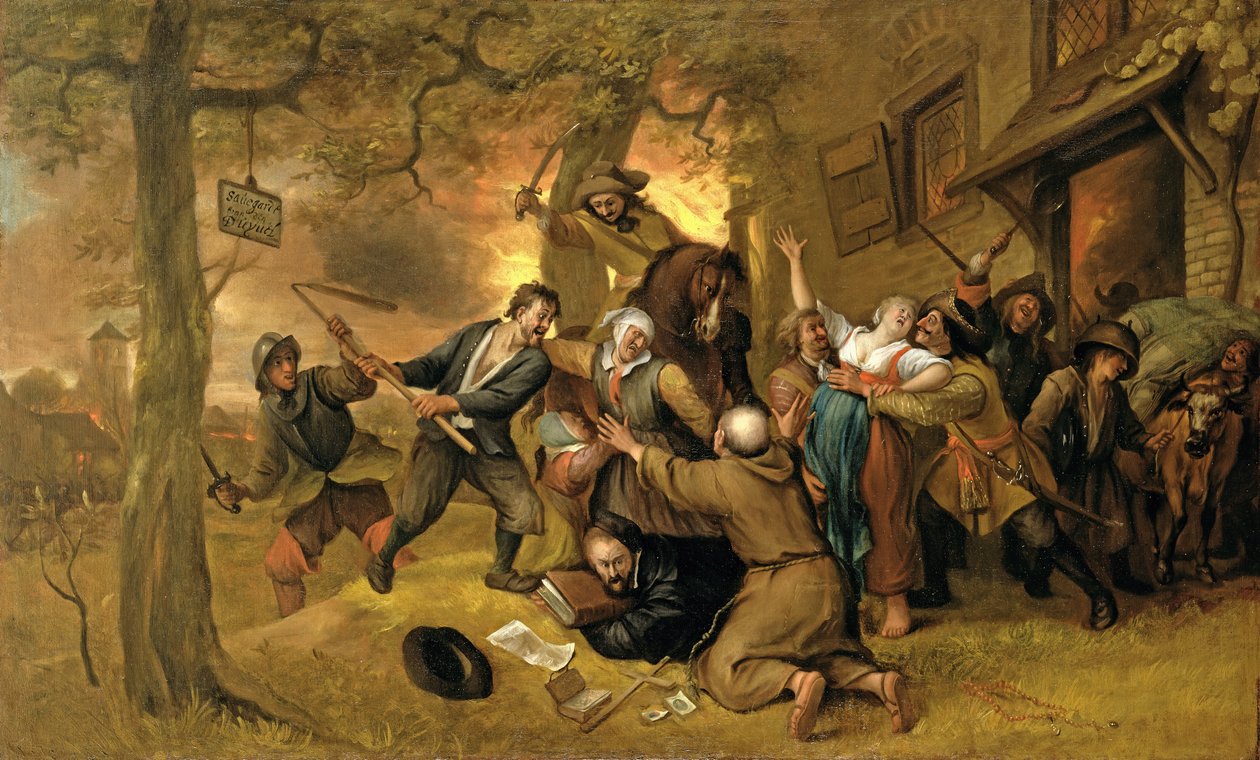 Bir Tavernanın Dışındaki Köylüler ve Askerler - Hollanda Tecavüzünün Bir Alegorisi by Jan Havickszoon Steen