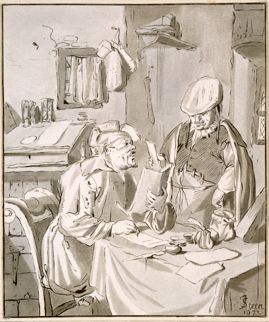 Bir ofiste parayı tartışan iki adam, 1672, Cornelis Ploos van Amstel (1726-98) veya Christian Josi (c.1765-1828) tarafından kopyalandı by Jan Havickszoon Steen