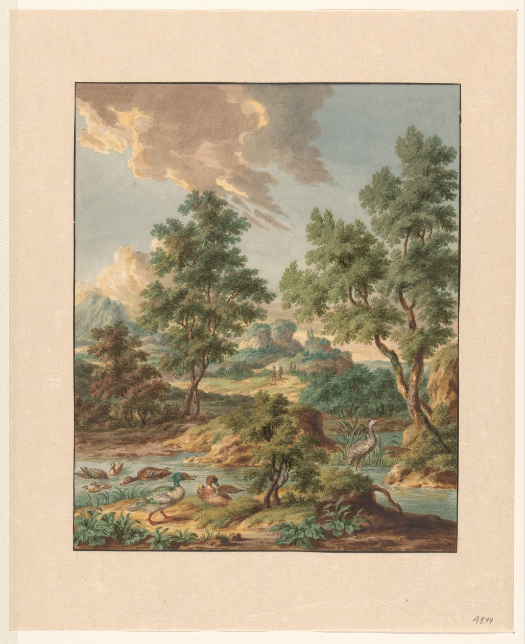 Bir havuzda su kuşları ile manzara by Jan Hendrik Troost van Groenendoelen