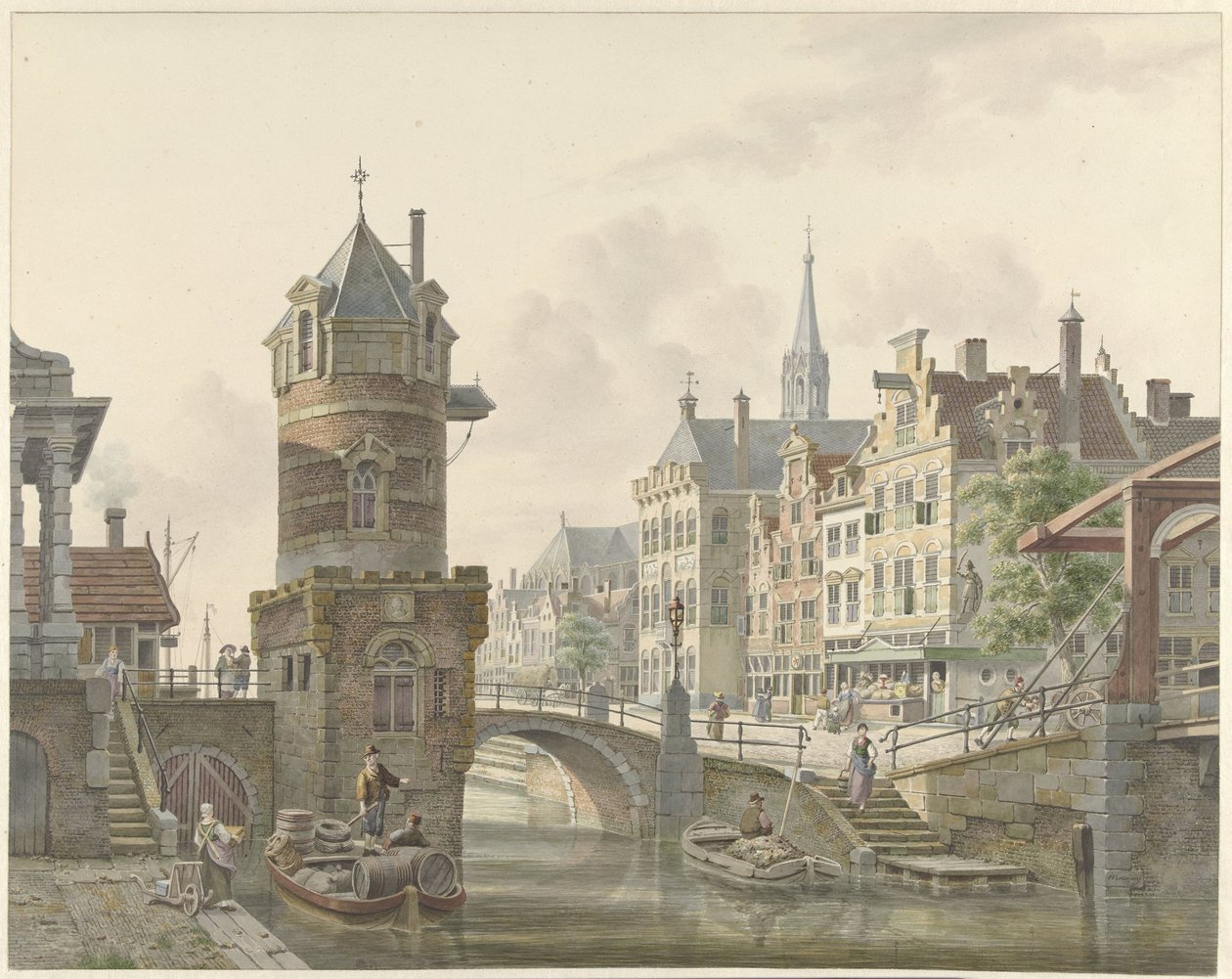 Taş köprünün yanında tareti olan bir şehirde kanal by Jan Hendrik Verheijen