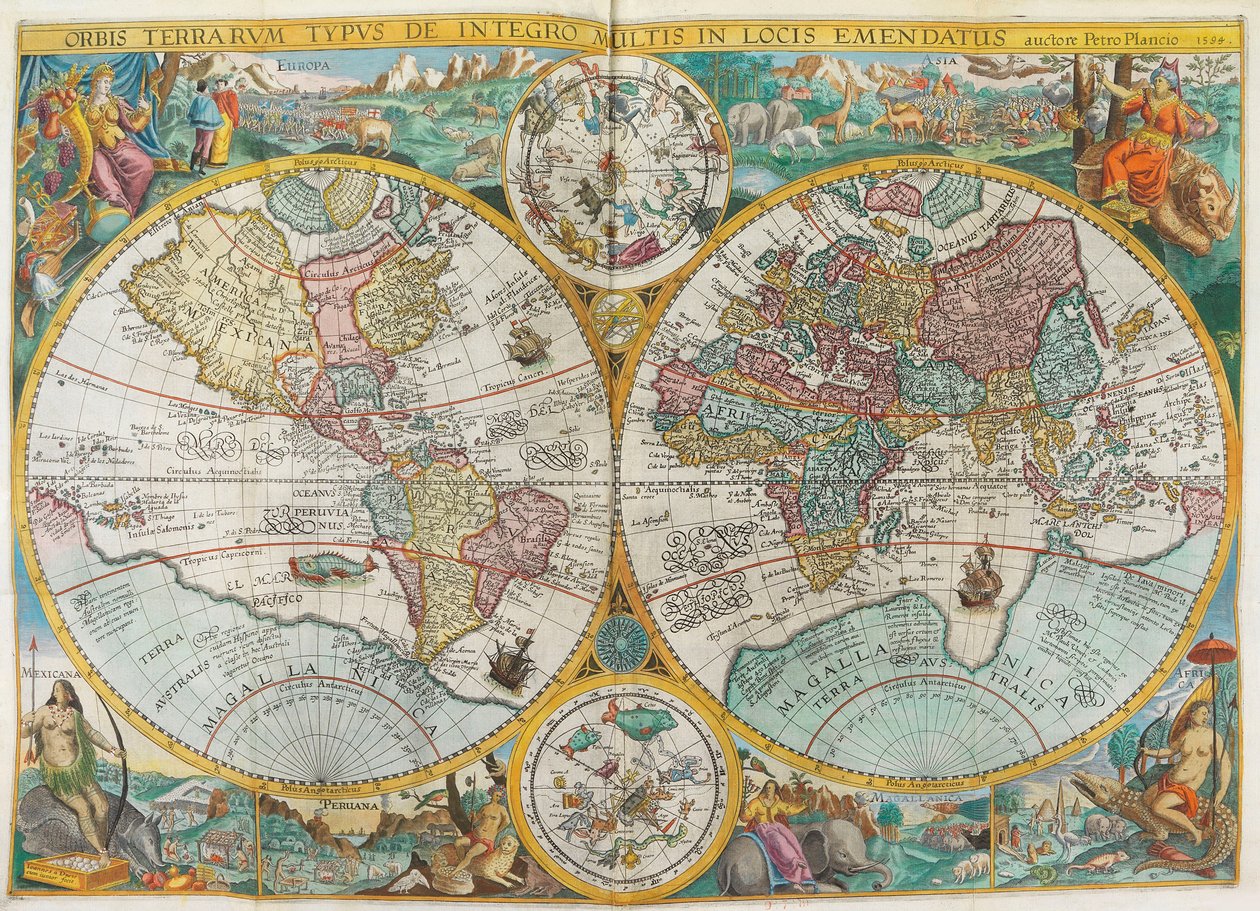 Yol programı. Kostümler, yerliler, gemiler, bitkiler ve hayvanlar ile dünya haritası, 1644. by Jan Huygen van Linschoten