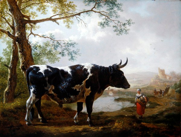 Yemyeşil Bir Peyzajda Ödüllü Boğa (panelde yağlı boya) by Jan II Kobell