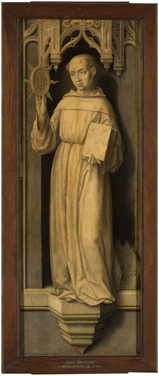 """Sienalı Aziz Bernardino (1380-1444)"" (Sienalı Aziz Bernardino) Tablo Jan Provost (Provoost) (1465-1529) - c 1510 - Ahşap üzerine yağlıboya Dim 123x45 cm Museo del Prado, Madrid by Jan II Provost
