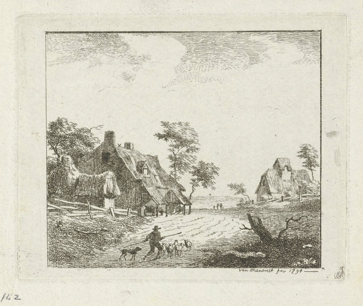 İki Çiftlikte Çoban ve Koyunlu Manzara by Jan Izaak van Mansvelt