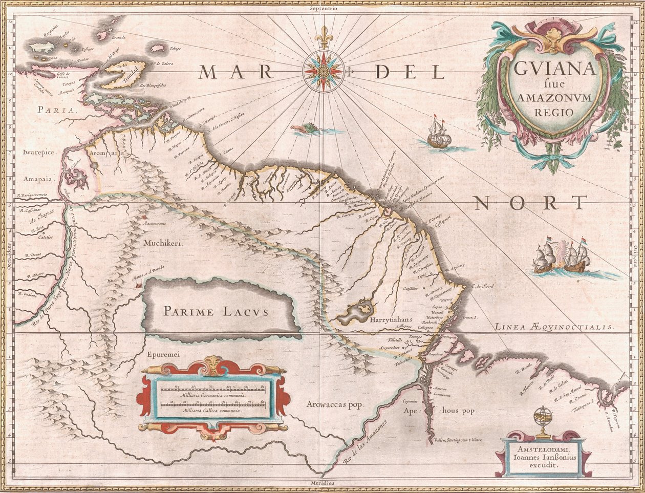 Guyana bölgesini gösteren 1649 dolaylarında oluşturulan bir harita. İspanya tarafından batıda kırmızıyla iddia edilen bölge, Hollanda Guyanası sarıyla ve Portekiz bölgesi güneydoğuda kırmızıyla vurgulandı. Efsanevi Parime Gölü de görülebilir by Jan Janssonius