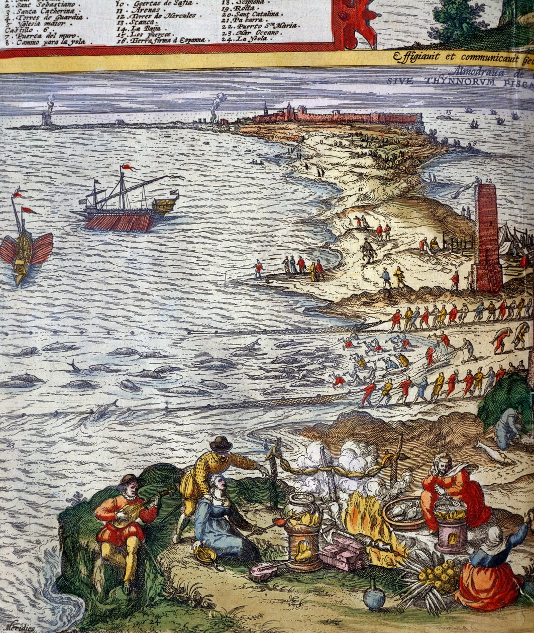 Cadiz liman kentinde balık tutma sahnesi ve balık hazırlama by Jan Janssonius