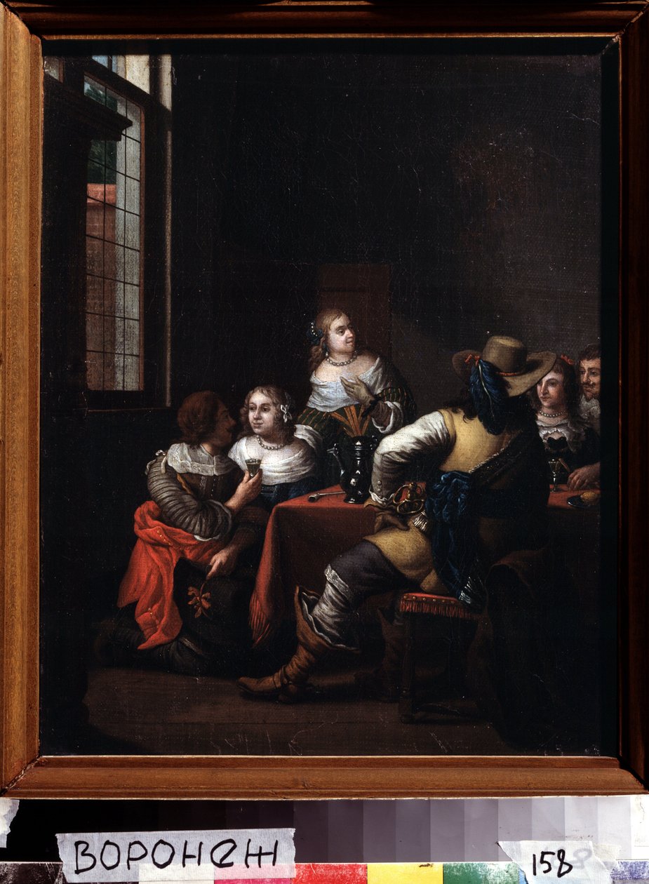 "Les festivites" (Neşeli buluşma) grubu biniciler ve bayanlar neşe içinde bir masanın etrafında toplandılar. Jan Joseph Horemans the Elder (1682-1759) tarafından boyama 18. yüzyıl Ivan Kramskoy (veya Kramskoi) Voronej