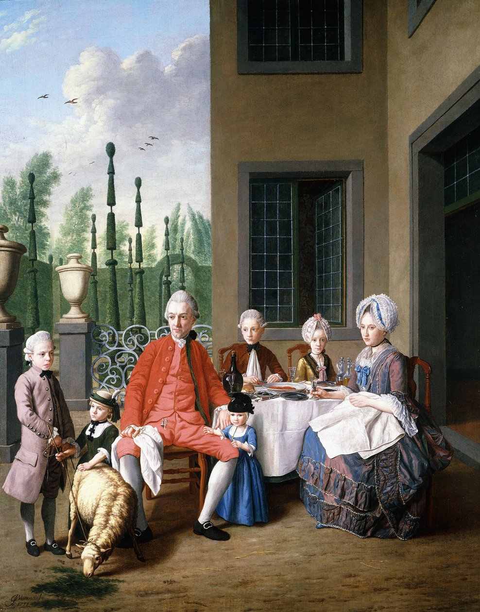 Van den Bosch Ailesinin Grup Portresi, Bir Evin Yanında Yemek, Ötesinde Bir Budama Bahçesi, 1777 by Jan Josef the Younger Horemans
