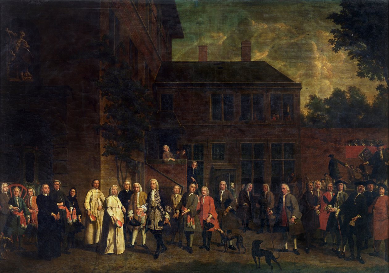 Eskrimciler loncasının üyeleri, Sint-Michiels Başrahibi'ni karşılıyor by Jan Josef the Younger Horemans