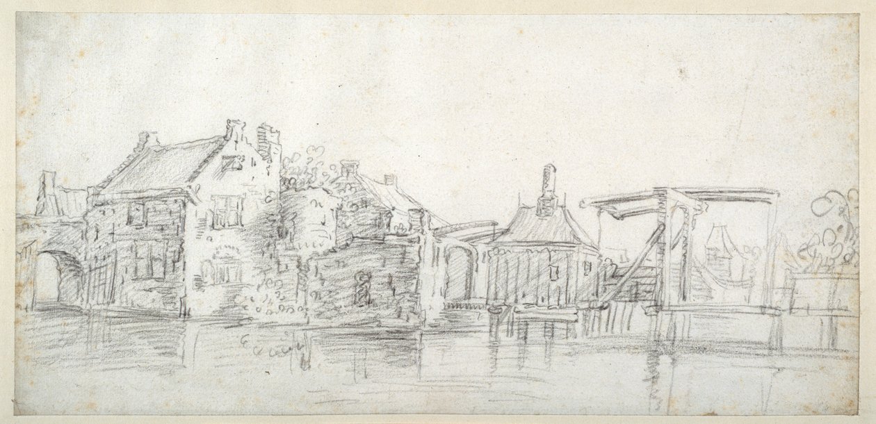 Bir gişe ve gişe köprüsü de dahil olmak üzere binaları olan bir kanal, c.1650 (beyaz kağıt üzerine siyah tebeşir) by Jan Josefsz. van (circle of) Goyen