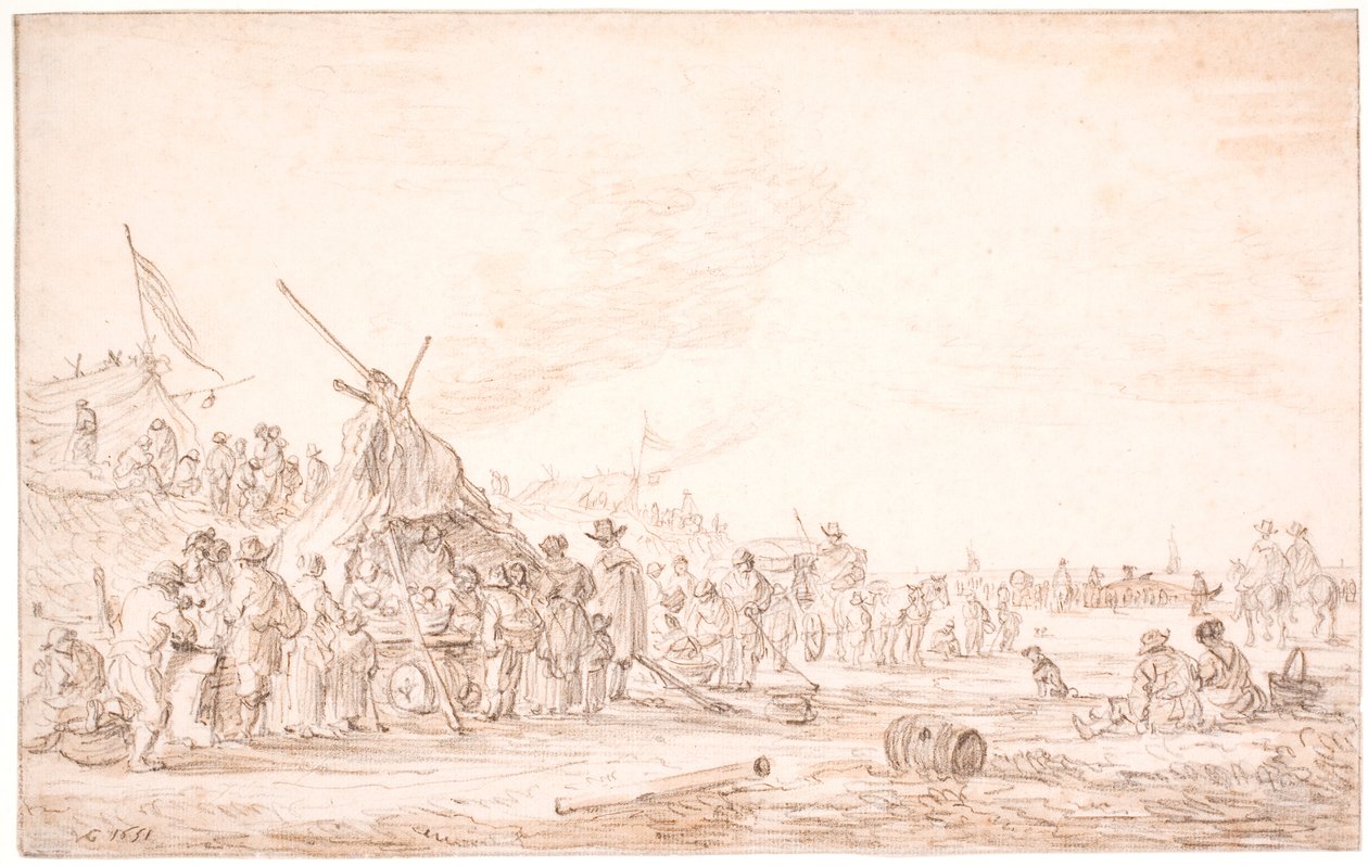 Karaya oturmuş bir balina ile kıyı manzarası by Jan Josefsz van Goyen