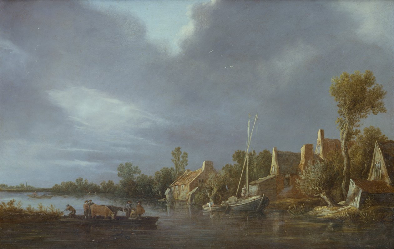 Vapurda Köylü ve Sığırların Olduğu Nehir Kenarında Bir Köy by Jan Josephsz van Goyen